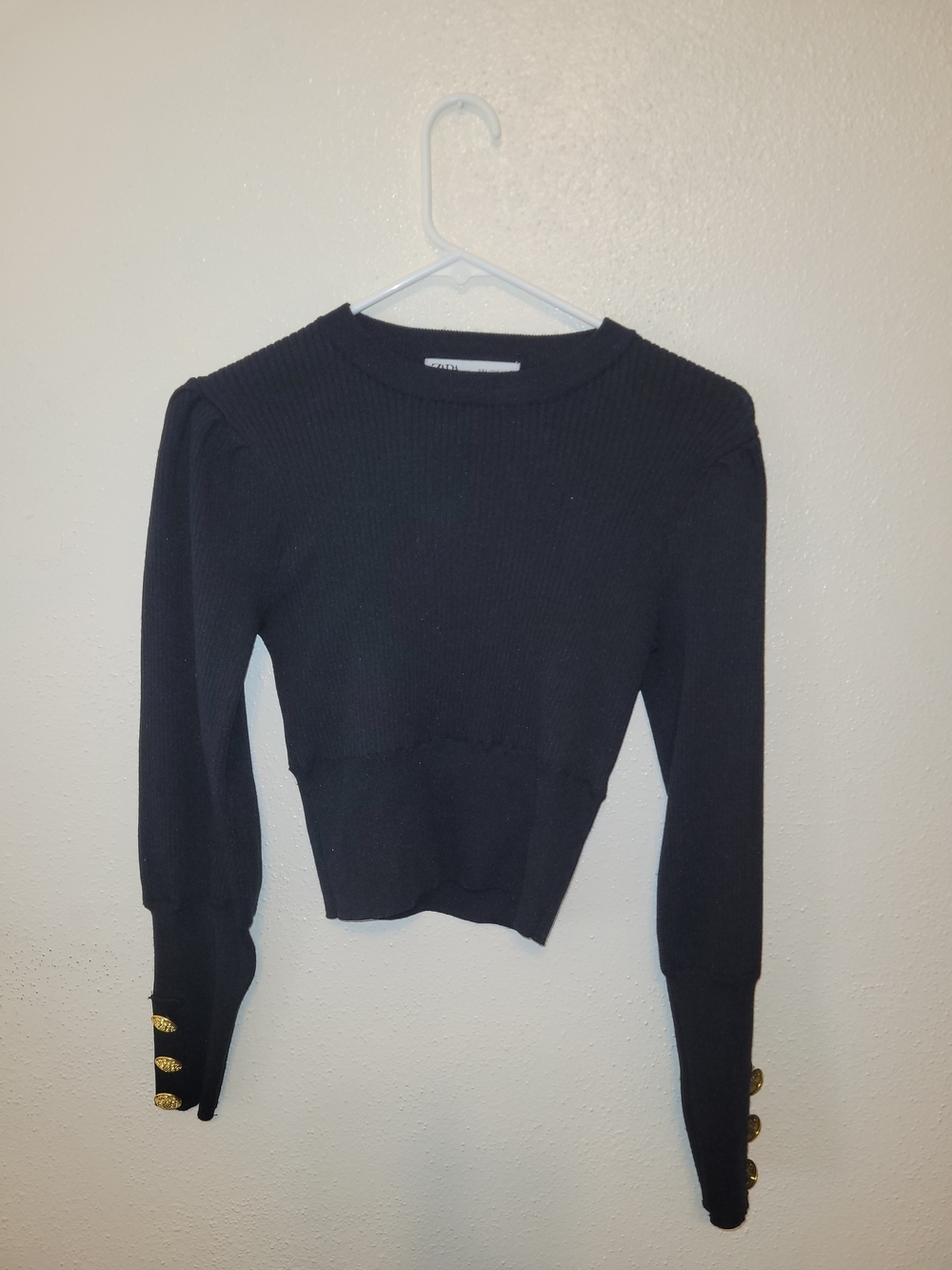 Zara Black Ribbed Crewneck Sweater with Gold Accent Buttons Large